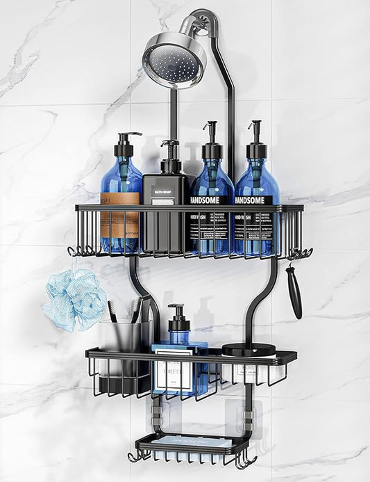 Never Rust Shower Caddy Hanging, Aluminum Shower Racks for Inside Shower, 3-Tier Shower Organizer Hanging Over Shower Head with Hooks and Soap Holder, Black