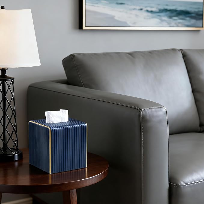 Square Tissue Box Cover, PU Leather Tissue Box Holder Navy Blue | Non Slip Base, with Magnetic Closure, Cube Tissue Cover for Living Room Bathroom Vanity Nightstand Bedroom