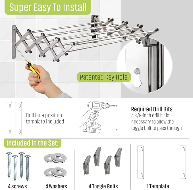 Wall Mounted Clothes Drying Rack | Adjustable to Fit Your Space | 20 Linear Feet Drying Capacity | 8 Stainless Steel Rods | 60 lb Capacity | Fully Assembled | Compact Space-Saving Design