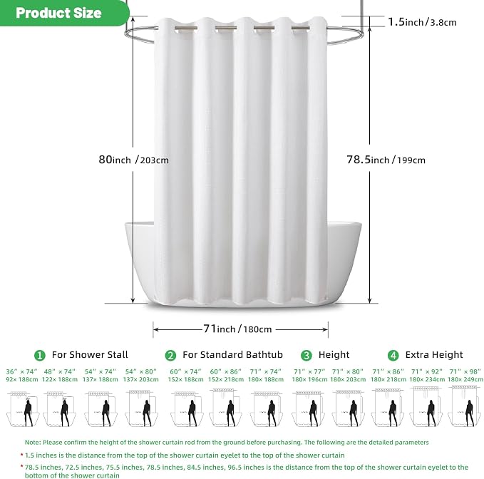 eachope No Hook Waffle Shower Curtain, No Liner Needed, 71x80 Inch, White | 100% waterproof TPU-laminated backing, magnetic weighted hem, machine washable, shower curtain set for bathroom or hotel use