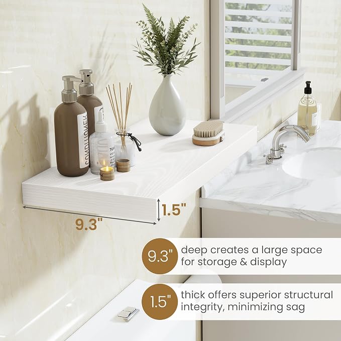 Fun Memories 48 Inch Floating Shelves in White, 9.3 Inch Deep Wall Shelves for Bathroom, Living Room, Bedroom, Kitchen, Deep Long Shelf Wall Mounted 1 Pack Shelf for Books, Decor