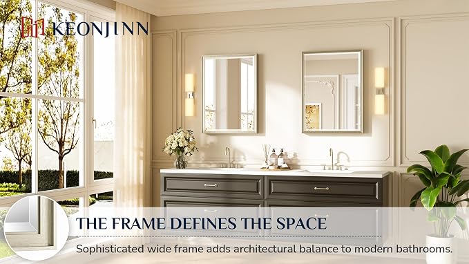 Keonjinn 24"x32" Brushed Nickel Mirror for Bathroom Sink, HD Tempered Glass | Aluminum Alloy Metal Framed, Rustproof & Waterproof, Secure French Cleat, Beveled Edge, Silver Bathroom Wall Mirror, Hallway