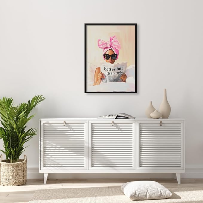 Better Late Than Ugly Canvas Wall Art Feminist Newspaper Quotes Poster Trendy Preppy Girly Aesthetic Prints 16X24 inch Black Framed for Bathroom Home Bedroom Wall Decor