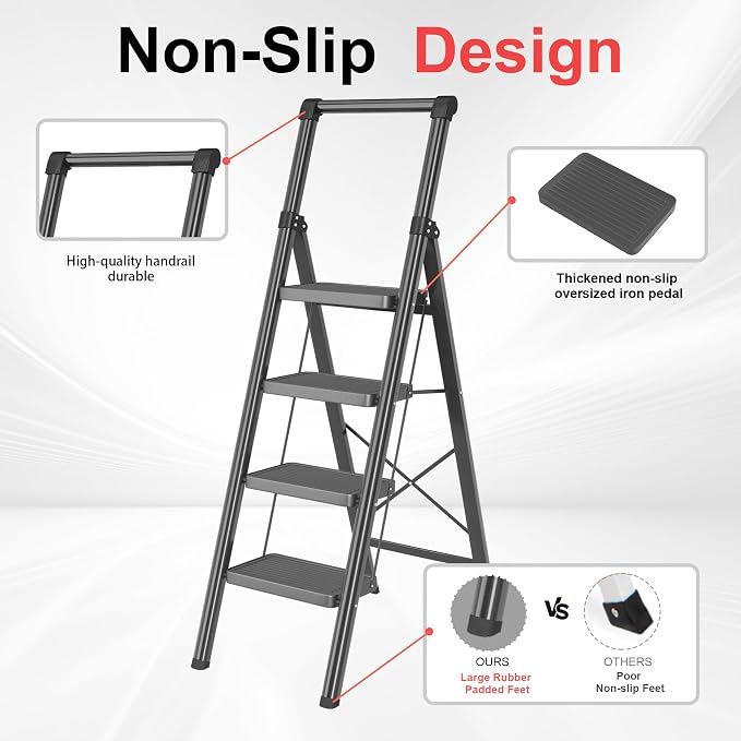 Foldable Step Ladder Stool for Home,4 Step Stool with Wide Anti-Slip Pedal, Heavy Duty 600Lbs Ladder for Indoor Kitchen Closet Stair Use, Black