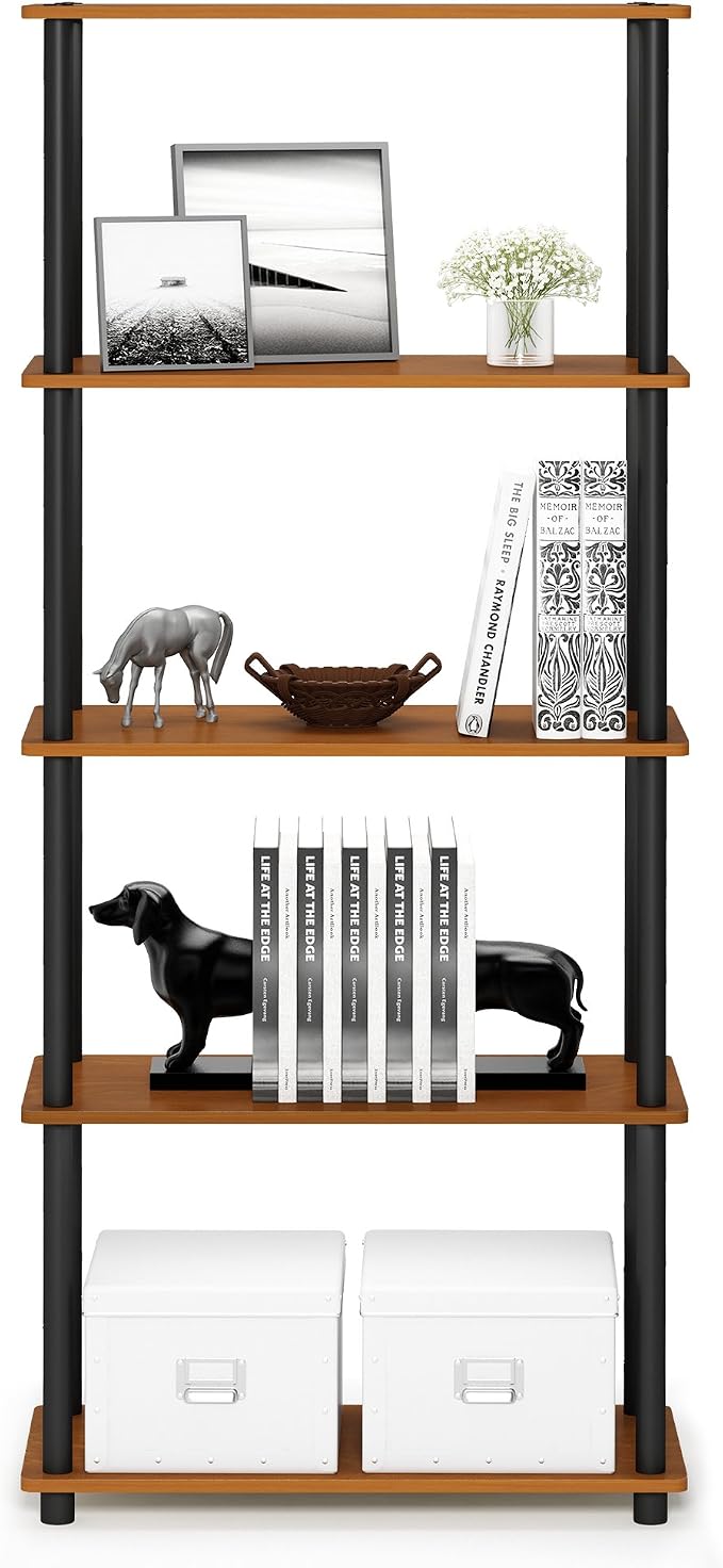 Furinno TURN-N-TUBE Storage Shelves, 5-Tier Book Shelf, Corner Shelf, Toolless Open Shelves, for Organization and Storage, Living Room, Garage, Home Office, Light Cherry