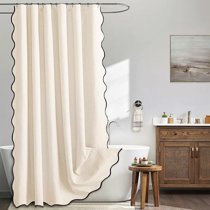MIULEE 72"x84" Extra Long Scalloped Linen Shower Curtain Cream White | Linen Textured, Waterproof, Washable, 12 Metal Hooks, Heavy Duty Cloth, Black Border, Shower Curtain for Bathroom Bathtub