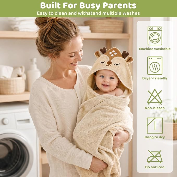 12 PCS Baby Bath Towels Set, Baby Towels for Newborn Bath Essentials Gifts | Animal Hooded, Ultra Thick Soft Absorbent, 4 Baby Towels & 8 Washcloths for Boy Girl Infants (Dinosaurs, Sheep, Elk, Bear)