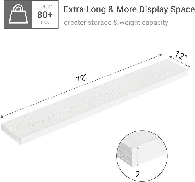 Vivelove Deep Floating Shelves 72x12” Set of 1, White | Easy Install With Hardware, 2" Thick, Invisible Brackets, Wall Mounted, No Sagging, For Any Room
