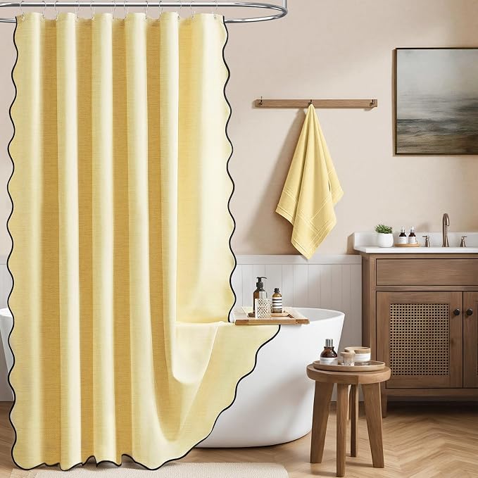Extra Long Boho Scalloped Linen Textured Shower Curtain, 72x96, Yellow | Extra Tall Size, 230GSM Waterproof Polyester, Heavy Duty Fabric, 12 Plastic Hooks, Elegant Farmhouse Style, Machine Washable