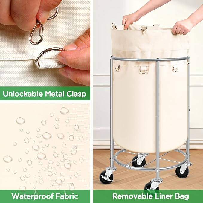 100L Round Rolling Laundry Hamper Basket with Wheels, Beige | Laundry Sorter Cart with Removable Bag, Clothes Organizer, Metal Frame, Bedroom, Bathroom, Laundry Room, Dorm Use
