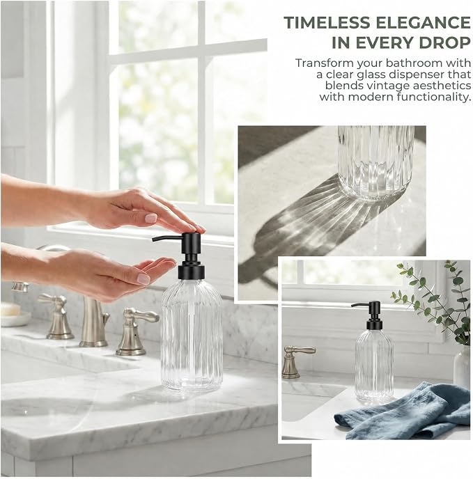 Clear Glass Soap Dispenser | with Matte Black 304 Rustproof Stainless Steel Pump 18oz for Kitchen and Bathroom Hand Soap Dispenser Bottle