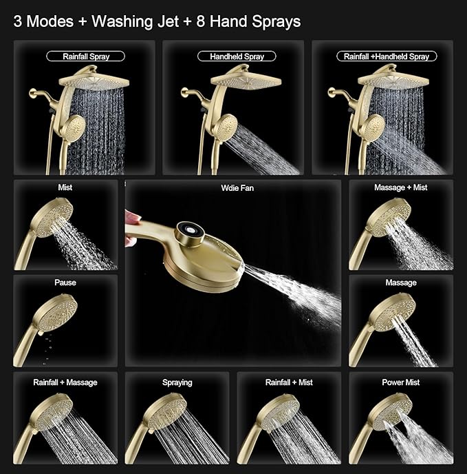 12" High Pressue Rain Shower Head with Handheld, 9 Sprays Hand Showerhead | Shower Heads with Handheld Spray Combo, Dual Head, Built-in Magnetic Docking, Power Jets, 59" Shower Hose, Gold 1.75GPM