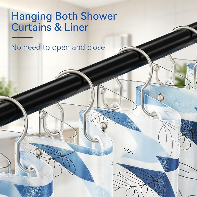 OEH Shower Curtain Hooks, 12 Pcs Minimalist Shower Curtain Rings, Metal Shower Curtain Hangers, Double Hook Shower Curtain Hooks Rust Proof, Smooth Sturdy Shower Hooks for Shower Curtain, Matte Nickel
