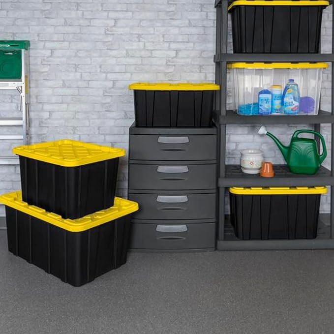 Sterilite Industrial Storage Tote with Lids for Garage, 27 Gallon, 16-Pack | Heavy-Duty and Stackable Utility Box Containers for Home, Office, and Basement Organization, Black/Yellow