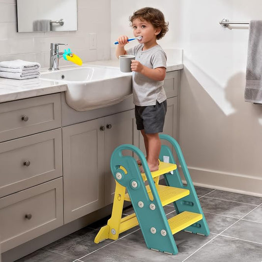 Folding Step Stool with Adjustable Height, 3-Step Converts to 2-Step, Sturdy Anti Slip Bathroom Step Stool for Toilet, Bathroom Sink, Kitchen Counter, Space Saving Design for Home Use- Green