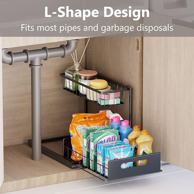 Ceetug Slide Out Under Sink Organizers and Storage, Black, 2 Pack | 2 Tier, Sturdy Metal, Cabinet Organizer, for Kitchen Bathroom