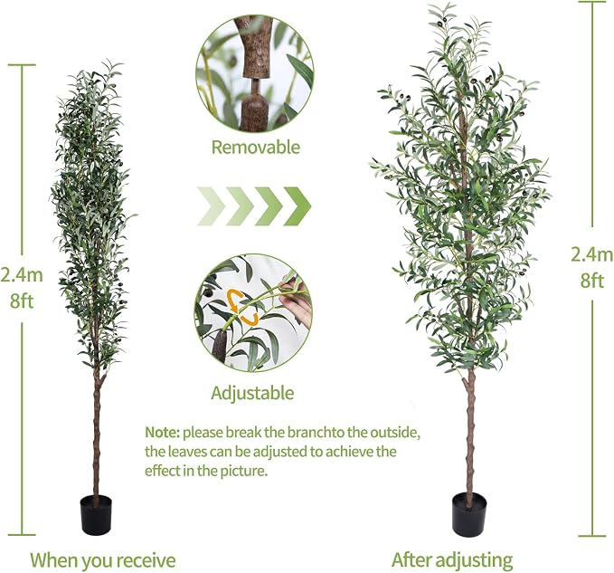 Artificial Olive Tree 8FT Tall Faux Olive Tree Fake Potted Silk Plant | 96in Trunk and Realistic 1574 Leaves and 48 Fruits for Modern Office Home Decor Indoor（1pack）