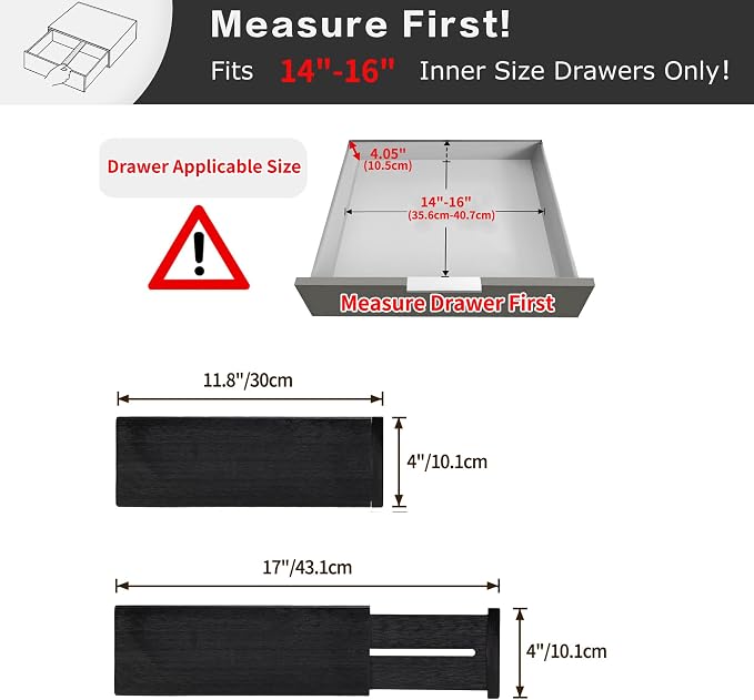 Utoplike Dresser Drawer Dividers, 4" High Black Drawer Organizers Clothes | Adjustable, Spring Loaded, Works in Kitchen, Bathroom, Bedroom, Drawer, Desk, 4 PCS for Clothing, Fit 14"-16" Inner Drawer