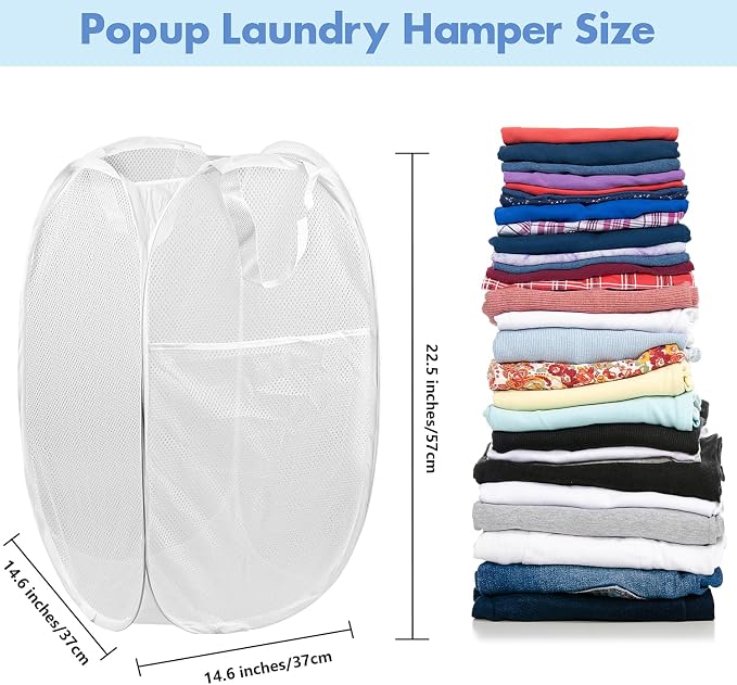 Pop Up Laundry Hamper, 70L Collapsible Mesh Laundry Basket with Side Pocket, Foldable Dirty Clothes Hamper with Sturdy Reinforced Handles for Home Dorm Bedroom Travel Storage, White, 2Pack