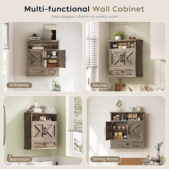 Bathroom Wall Cabinet, Wall Mounted Medicine Cabinet 24.4"H x 23.6"W x 9"D | With Drawer, Barn Doors & Adjustable Shelf, Grey Over Toilet Farmhouse Storage Cabinet for Kitchen, Laundry Room, Entryway