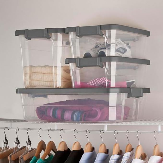 Sterilite Modular Stacker Box with Latching Lid, 30 Quart, 24-Pack | Clear Plastic Storage Bins - Stackable Organizing Container Boxes for Closet, Bathroom, and Office
