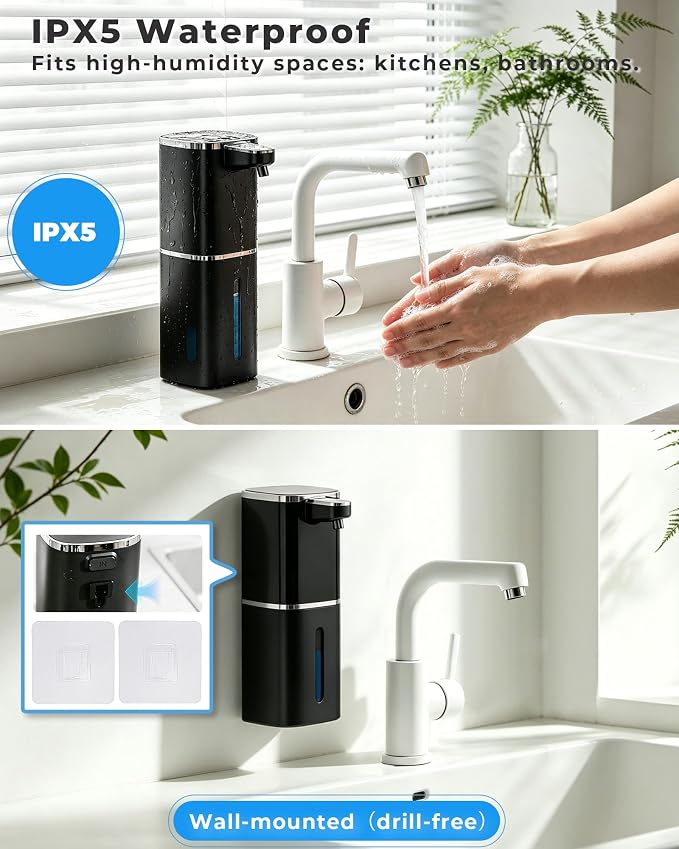 2 Pack Automatic Soap Dispenser Touchless, Rechargeable | Liquid Soap Dispenser 9 Adjustable Levels,13.5oz/400mL,IPX5 Waterproof, Wall Mounted or Countertop for Kitchen & Bathroom