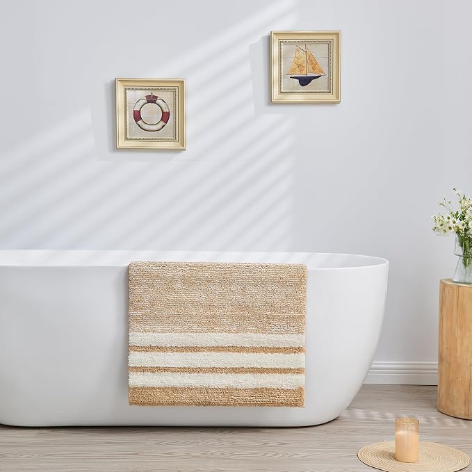 CozeCube Beige Striped 36"x24" Non Slip Washable Bath Mat | For Bathroom, Fluffy Absorbent Microfiber Bath Mats Machine Wash, Stylish Large Aesthetic Bathroom Rugs