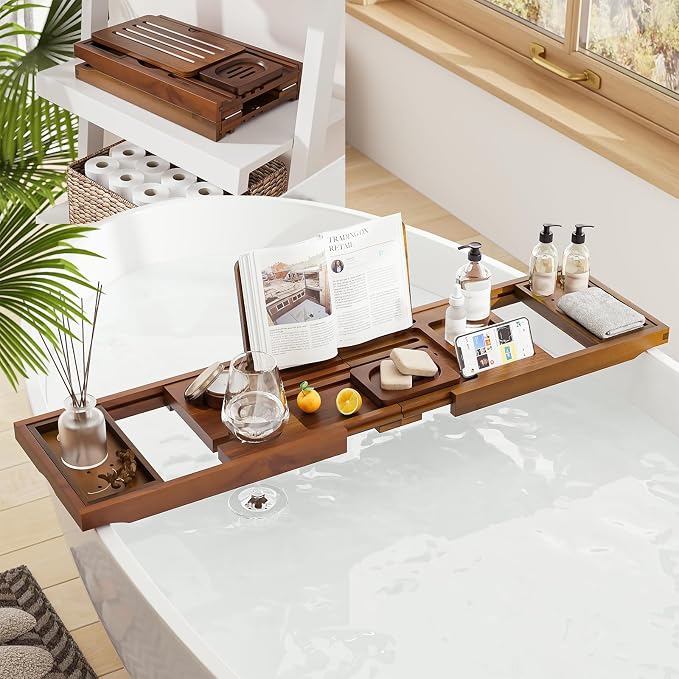 Premium Foldable Teak Bathtub Tray, Expandable Bath Tray for Tub, Luxury Bathtub & Bathroom Accessories