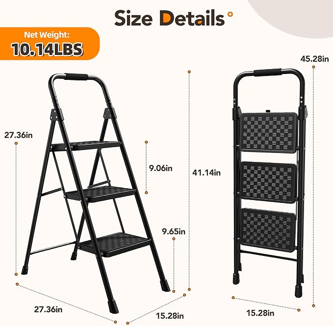 HBTower 3 Step Ladder, Heavy Duty Step Stools for Adults | Step Stool Foldable with Anti-Slip Pedal and Feet, Ladders for Home Kitchen Garage Outdoor, 330 Lbs, Black
