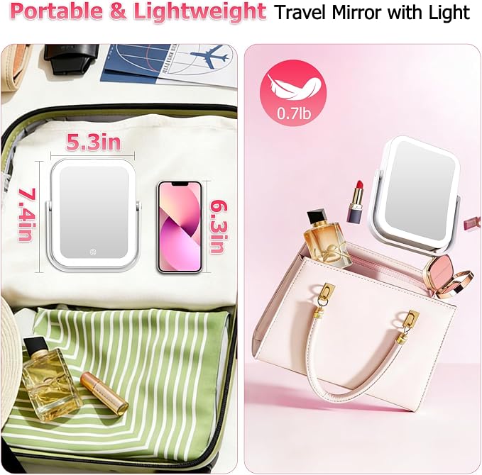 FUNTOUCH 3000mAh Rechargeable Travel Magnifying Mirror with Light,White | 2-Sided 30X Magnifying travel makeup mirror with 3-Color Lighting, Dimmable Touch Screen,Compact Vanity Mirror for Women Gift