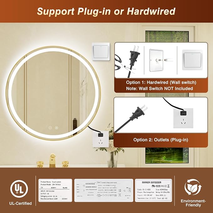 30 Inch Round Gold Framed LED Bathroom Mirror with Lights,Wall-Mounted Lighted Bathroom with 3 Colors Brightness,Anti-Fog,Dimmable Brightness, Waterproof, Tempered Glass, Frontlit & Backlit