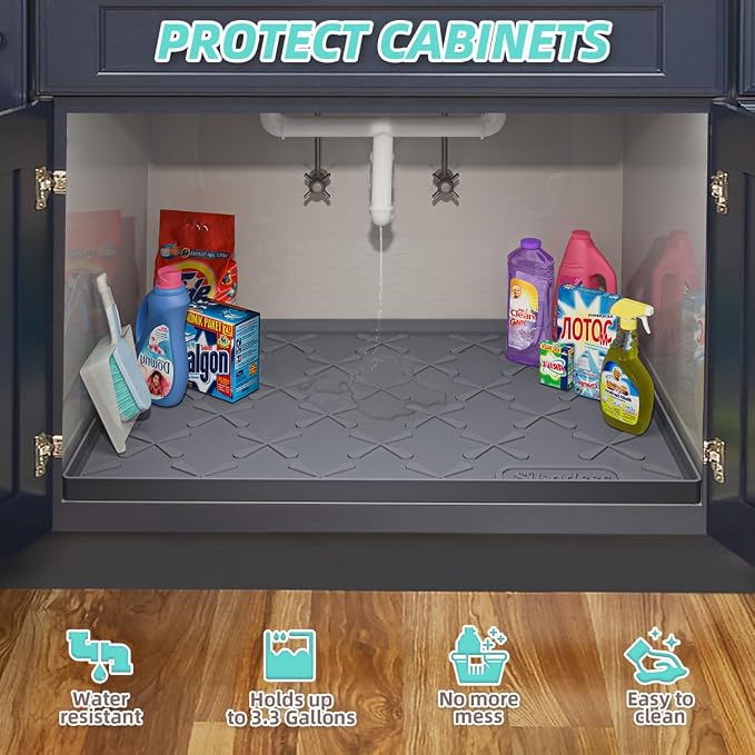 Waterproof Under Sink Mat Silicone 28" x 22" Kitchen Cabinet liner | BPA-Free Silicone Mat with Raised Lip Protects Cabinets from Leaks, Versatile Home Organizer for Bathroom, Pets, Boots, Floor