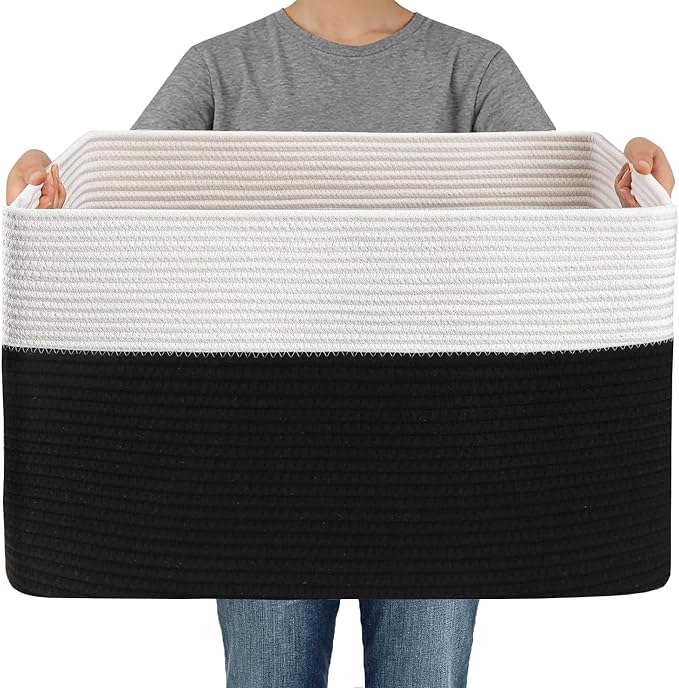 JMvicyroam 65L Large Woven Cotton Rope Blanket Basket, White&Black | Blanket storage for living room or bedroom use, Freestanding with reinforced handles, Entire basket is machine washable
