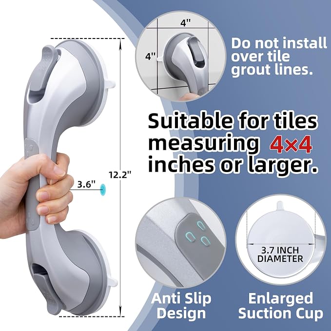Shower Grab Bars,Suction Shower Handles,2 Pack,12.2",Silver | safety for elderly,seniors,showers,bathtubs&toilet,bathroom grip bar heavy duty rails,no drilling removable waterproof