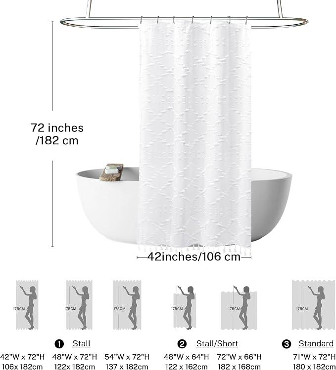 Stall Boho White Woven Fabric Shower Curtain with Tassels 42 x 72 Modern Farmhouse Minimalist Tufted Chevron Striped Shabby Chic Textured, Water Resistant Curtain for Bathroom, Hotel Decor