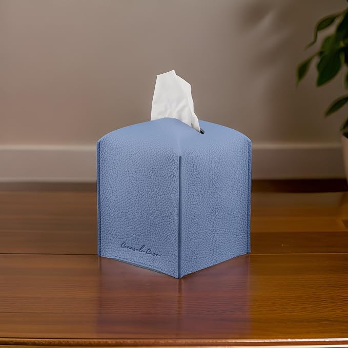 Premium PU Leather Tissue Box Holder - Elegant Hotel-Style Tissue Box Cover for Home, Office & Car Décor, Tissues Cube Organizer for a Natural & Classic Look (Sky Blue 2 Pack)