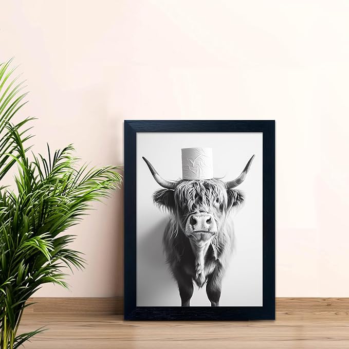 Framed Highland Cow Canvas Wall Art Funny Cow Bathroom Decor Cow Print With Toilet Paper on Head Black and White Animal Bathroom Picture Artworks for Home