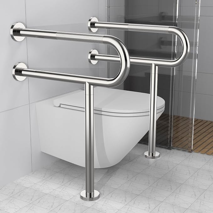 Toilet Support Rail 24x28 Inch, Munzong Anti-Slip Chrome Handicap Grab Bar | Stainless Steel Knurled Safety handrails with Leg for Bathroom Elderly Disabled Pregnant-1.25’Tube
