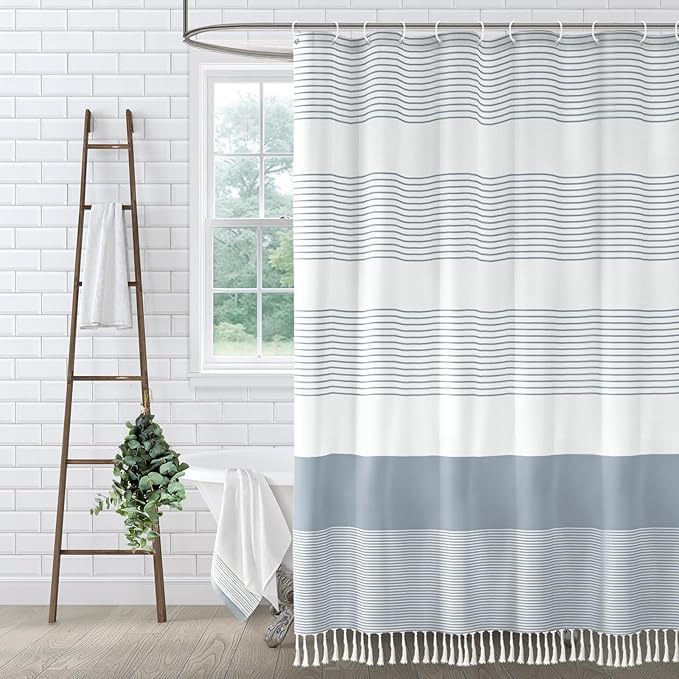 Blue Coastal Ocean Cotton Striped Shower Curtain with Tassel 72"W X 84"L | Extra Long Boho Farmhouse Shower Curtains for Bathroom with Soft Cotton Feel