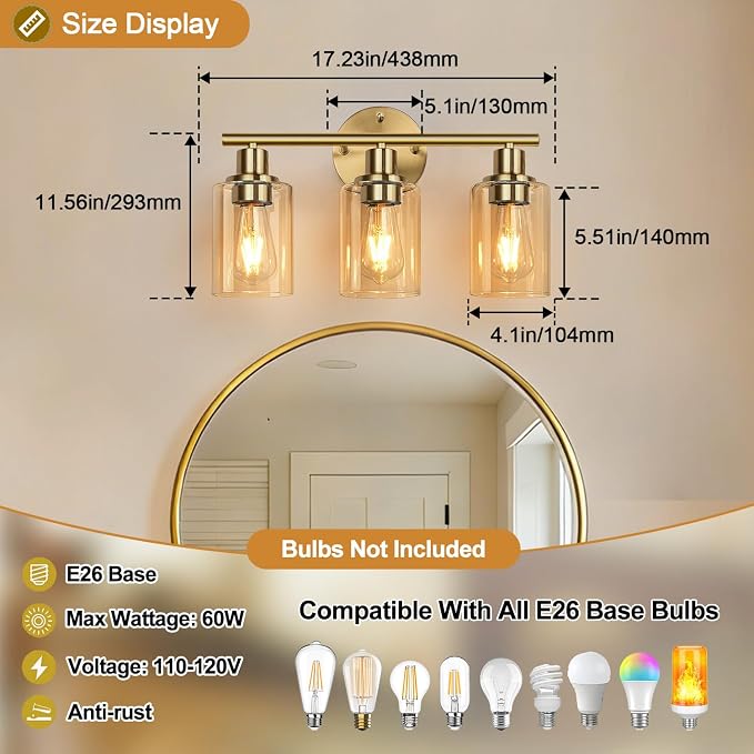 Zarbitta 3-Light Bathroom Light Fixtures, Brushed Gold Vanity Light, Farmhouse Wall Lights with Amber Glass Shades, Bathroom Wall Lamp for Mirror Kitchen Bedroom Hallway Living Room