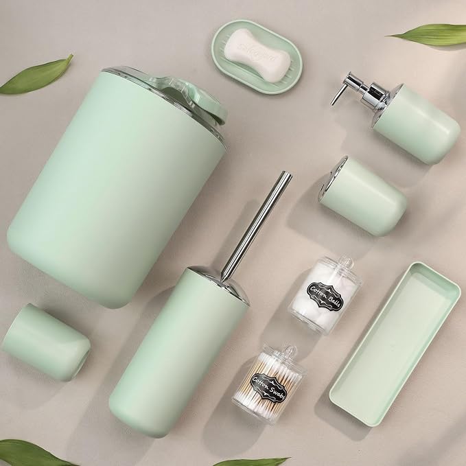 IMAVO Bathroom Accessories Set,Green Bathroom Set,9 Pieces Bathroom Accessory Set,Tray,Qtip Holders,Toilet Brush,Trash Can for Bathroom Décor and Home Gifts