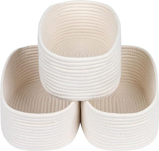 CubesLand Small Storage Baskets for Shelves, Closet Storage Bins | Empty Gift Basket Baby Nursery Woven Baskets for Organizing, Rectangular Clothes Closet Shelves Baskets 3 Packs Off White