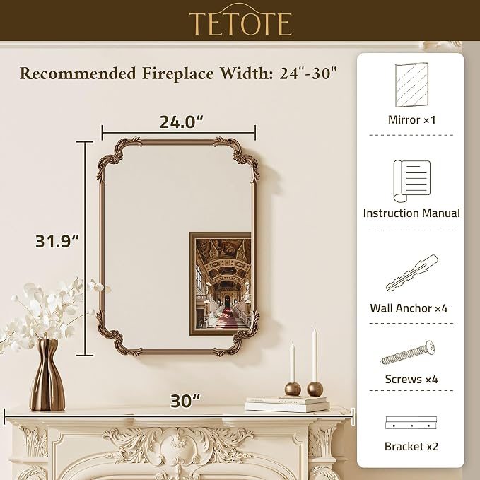 Antique Gold Brass Rectangle Mirror for Mantle Fireplace 24 x 32 Baroque Vintage Ornate Scroll Wall Mirror with Metal Frame for Traditional Victorian French Decor, Horizontal/Vertical