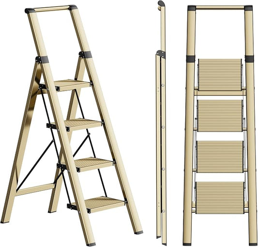4 Step Ladder, Lightweight Folding Step Stool, Brown Gold | Reach 8ft;Anti-Slip 7.9'' Wide Pedal;Portable Handrail;Space-Saving;For Kitchen, Home, Library, Office Use;300lbs Capacity