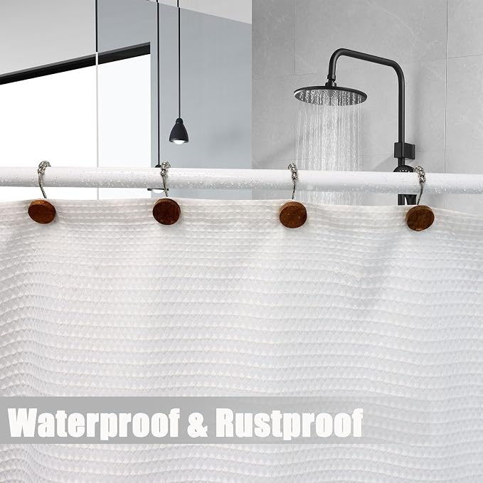 Wood Shower Curtain Hooks, Wooden Decorative Shower Curtain Rings, Modern Round Log Shower Curtain Hangers, 12PCS Shower Hooks for Shower Curtain Rod, Bathroom, Bedroom, Living Room (Silvery)