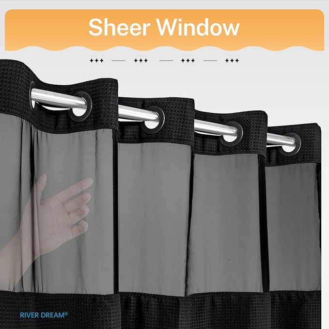RiverDream Heavyweight Waffle No Hook Shower Curtain with Liner,Black,71x80 | Dotted Waffle,Snap-in Liner,Heavy Duty,Quick Dry,Mesh Top Window,With Bottom Magnets,Hotel-Grade,Washable,Long Size