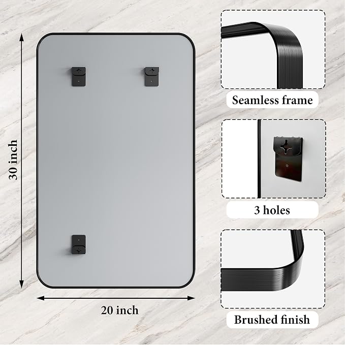 Bathroom Mirror for Wall, 30x20 Inch Rectangle Mirror,Matte Black Metal Framed Bathroom Vanity Mirror for Restroom Farmhouse, HD Tempered Glass,Anti-Rust Aluminum Alloy Mirror