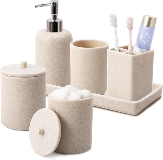 Resin Beige 6 Pcs Bathroom Set Complete with Toothbrush Holder, Lotion Soap Dispenser, 2 Qtip Holder Dispensers,Vanity Tray,Bathroom Tumbler - Countertop Vanity Organizer - Bathroom Accessories Set