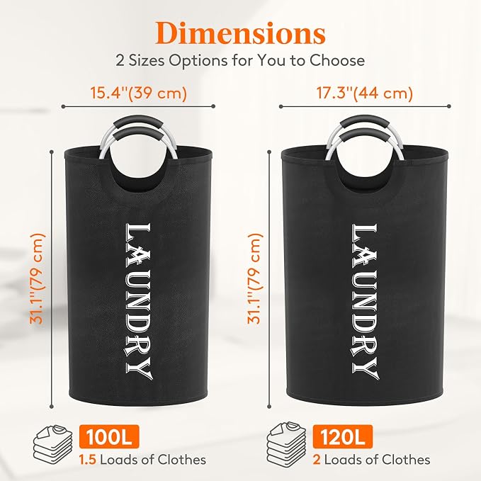 Lifewit 2 Pack 100L Laundry Basket with Aluminum Handles, Black | Collapsible Large Laundry Hamper, Waterproof Fabric, Freestanding Dirty Clothes Hampers for Dorm, RV, Bedroom, Laundry Room