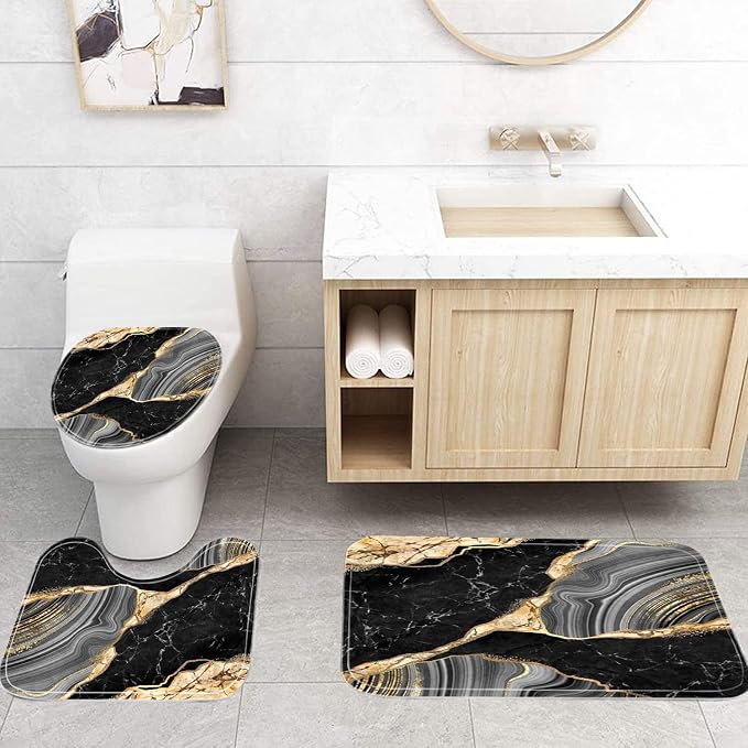 Nkzply 4Pcs Black Shower Curtain Bathroom Sets with Shower Curtain and Rugs | Gold Marble Modern Abstract Shower Curtain Set Grey Bathroom Rug Set Bathroom Decor Accessories with Hooks Toilet Lid Cover
